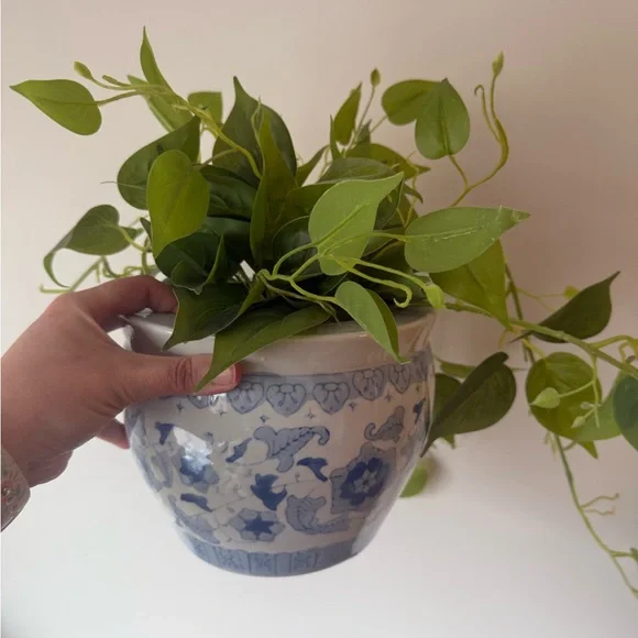 Blue and White Floral Ceramic Planter with Greenery (artificial greenery) - Picture 7 of 7